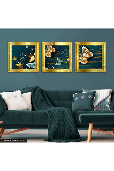 Evinemoda Shiny Gold Butterflies 3 Piece Gold Plexi Mirrored Framed Painting
