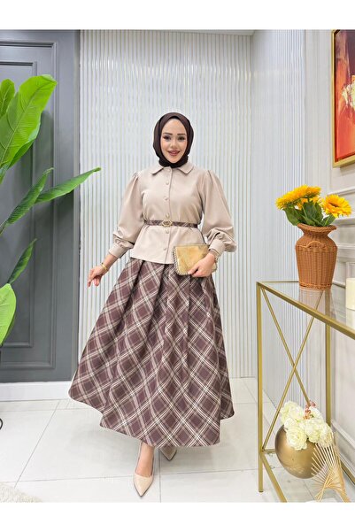 GK Gold Buttoned Plaid Skirt Set