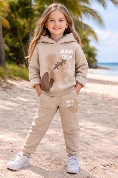 Riccotarz Girl's Digital Floral Print and Aloha Crew Text Detailed Beige Trac...