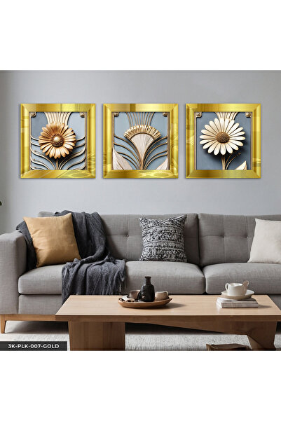 Evinemoda Gold Flower 3 Piece Gold Plexi Mirrored Framed Painting