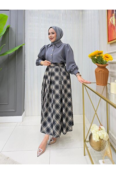 GK Gold Buttoned Plaid Skirt Set