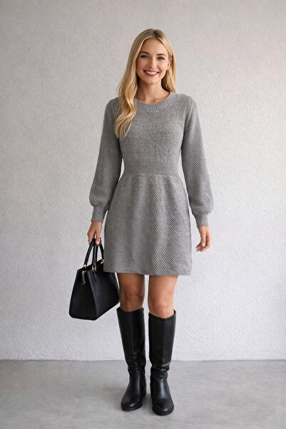 rengamoda Rochie mini gri din tricot cu mâneci bufante și detaliu în talie (p...