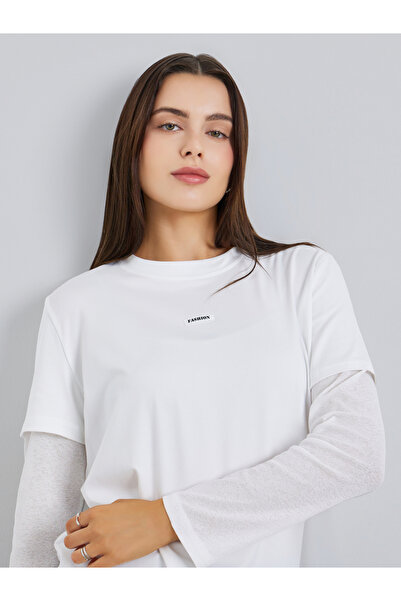 Styli Women White Slogan Print Layered Sleeve T-Shirt