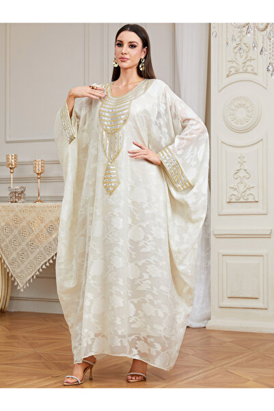 Take Two By Styli قفطان نسائي بيج مطرز بأكمام كيمونو