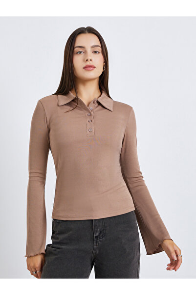 Styli Women Brown Ribbed Polo T-Shirt