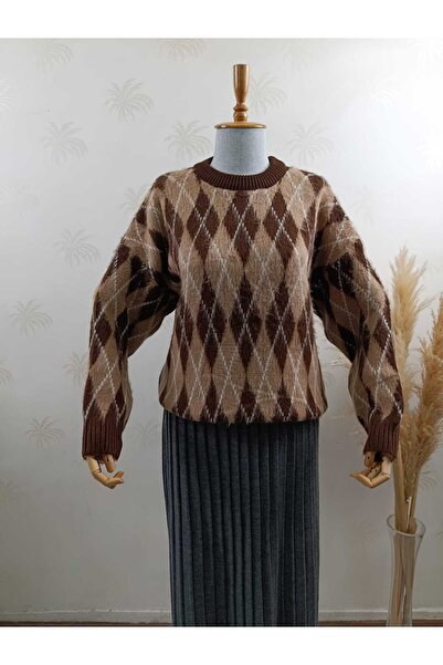 ASEZ BUTİK Women's Diamond Patterned Oversized Soft Textured Crew Neck Knitwe...