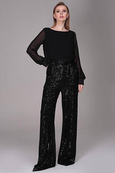 Journey Kayık Yaka-Üst Beden Şifon Detaylı, Alt Payetli Tulum