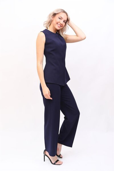 ÖNDER ÖZSOY Sıfır Yaka Gizli Düğmeli Kemerli Yelek & Lastikli Bol Paça Pantol...