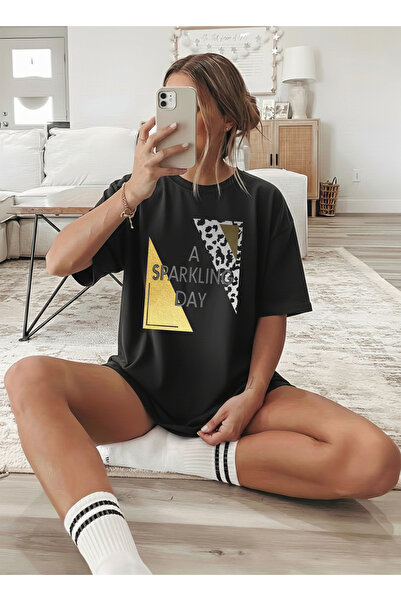 caddekombin Leopard și auriu pentru femei cu imprimeu guler rotund Negru tricou