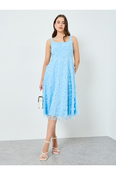 Take Two By Styli Women Blue Floral Embroidery Fitted Waist Midi Dress