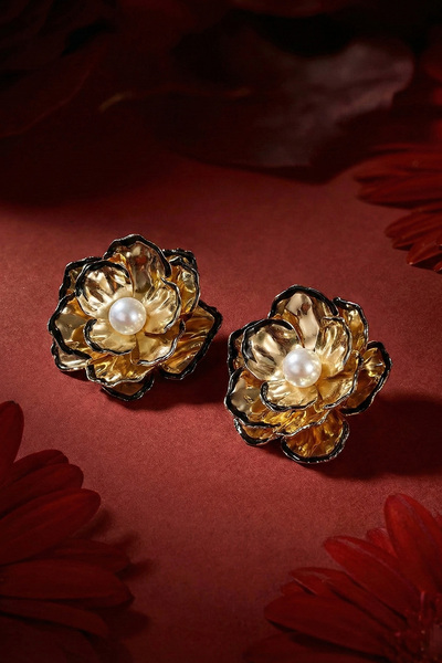 Gold İncili Siyah Mineli Gül Küpe Büyük Çiçek Tasarım Vintage Lüks Abiye