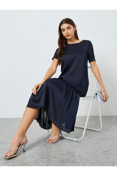 Styli Women Navy Blue Ruffled Hem Midi Dress