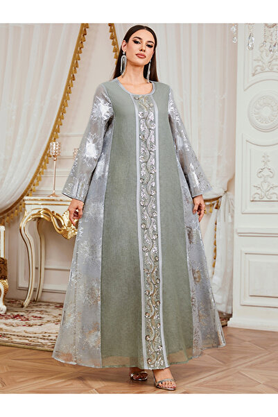 Take Two By Styli Women Green Floral Jacquard Jalabiya