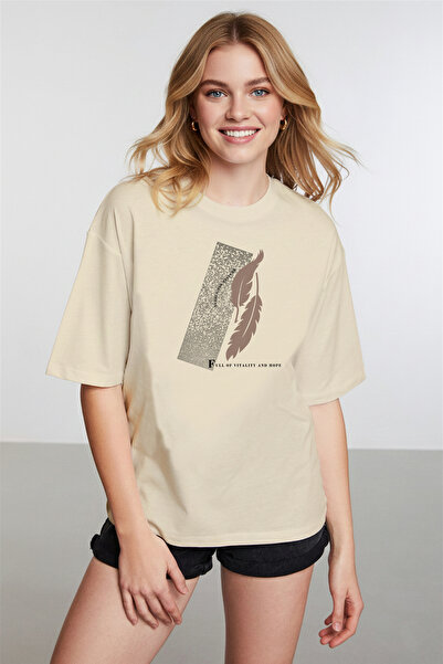 caddekombin Women's Palm Tree Detailed Printed Crew Neck Beige T-Shirt