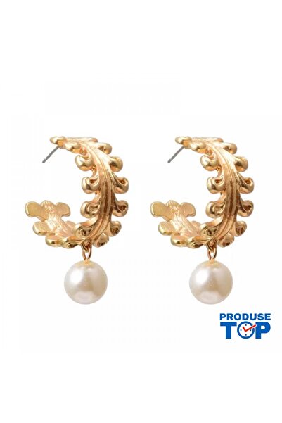 Produse.Top Cercei eleganți semicerc roșu-auriu cu perlă CW30