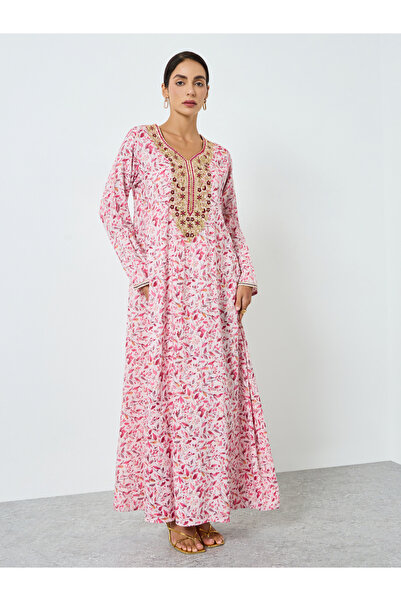 Maxim Creation By Styli Women Pink Floral Print Embroidered Jalabiya