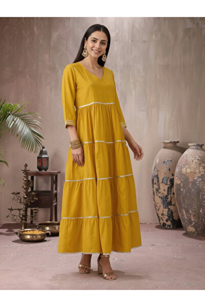 Globus By Styli Women Yellow Sequined Tie-Up Maxi Dress