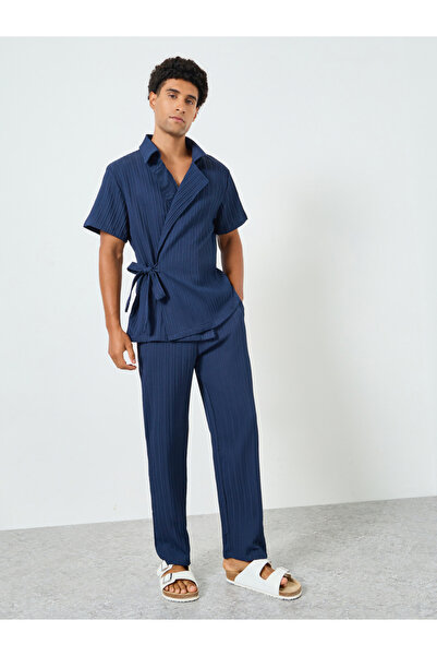 Take Two By Styli Men Navy Blue Tie-Up Short Shirt and Pants Co-Ords
