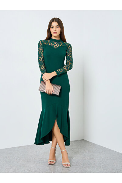 Styli Women Green Lace Sleeve Mermaid Hem Midi Dress