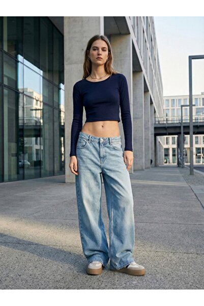 Ltb Long Sleeve Crew Neck Crop Navy Blue Sweatshirt