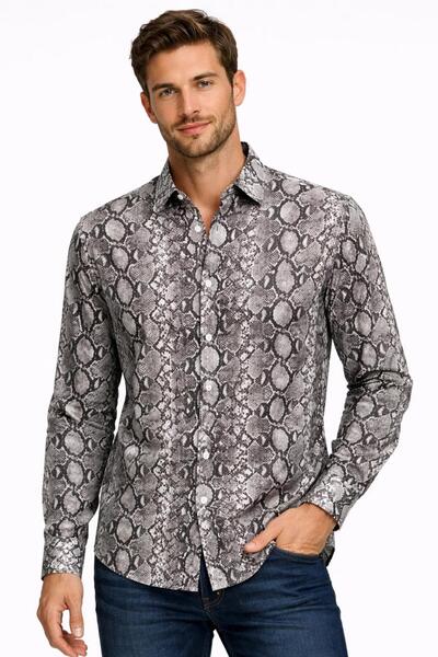 Generic Men’s Snake Print Shirt – Long Sleeve Button-Down Polyester Woven Cas...