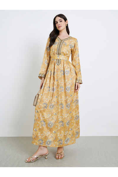 Styli Women Yellow Floral Printed Embroidered Jalabiya