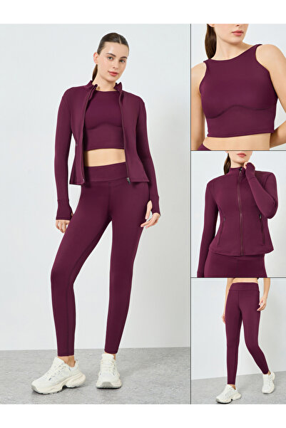 Styli Pack of 3 - Low Back Sports Bra and Zip-Up Jacket with Leggings