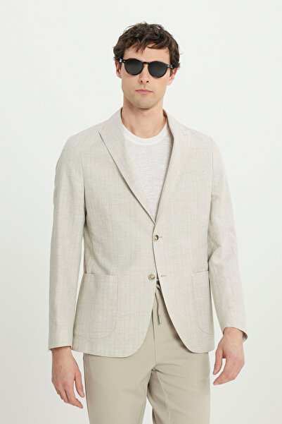 ALTINYILDIZ CLASSICS Чоловічий бежевий льняний блейзер Slim Fit з вузьким кро...