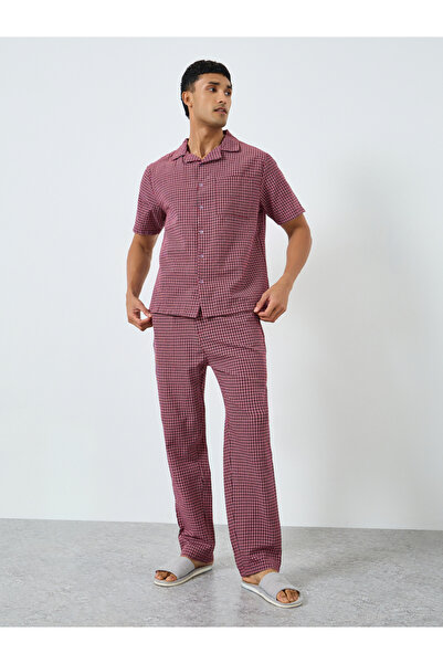 Styli طقم بيجاما وقميص رجالي أحمر بنقشة مربعات