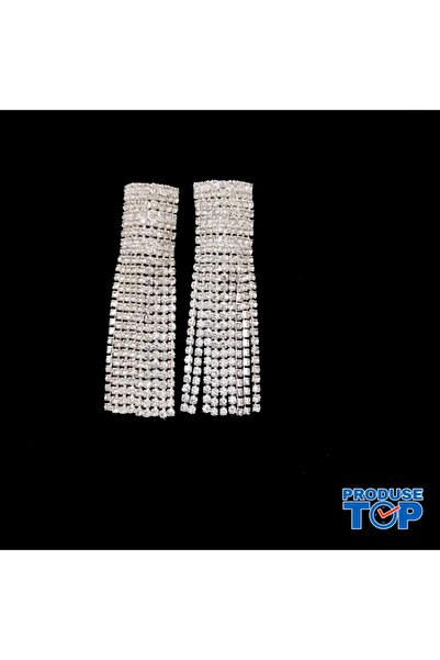 Produse.Top Elegant Long Silver Earrings with Fringes and Rhinestones CW61
