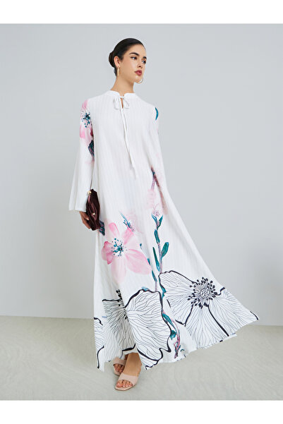 Styli Women Floral Print Tie-Up Neck A-Line Jalabiya