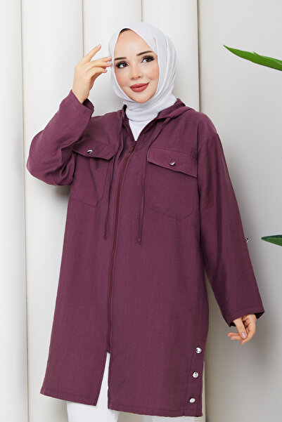 Pamuk Butik Hanorac de damă cu buzunare, model Go Out and Come In, culoare prună