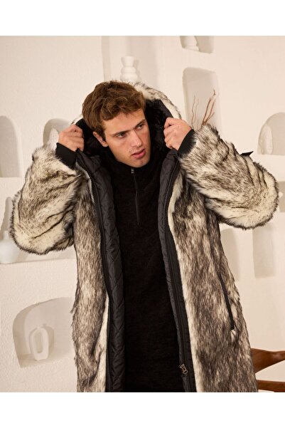 OPEN MAN Dışı Kürklü Uzun Mont