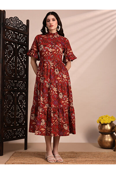 Globus By Styli Women Red Floral Print Tiered Midi Dress