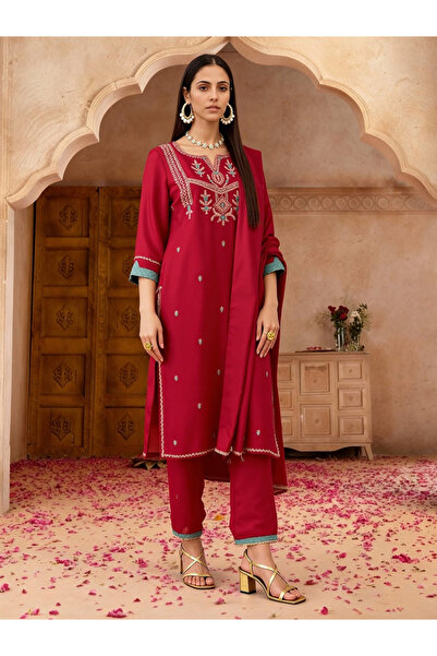 Globus By Styli Women Pink Zari Embroidered Straight Kurta with Wide Leg Pant...