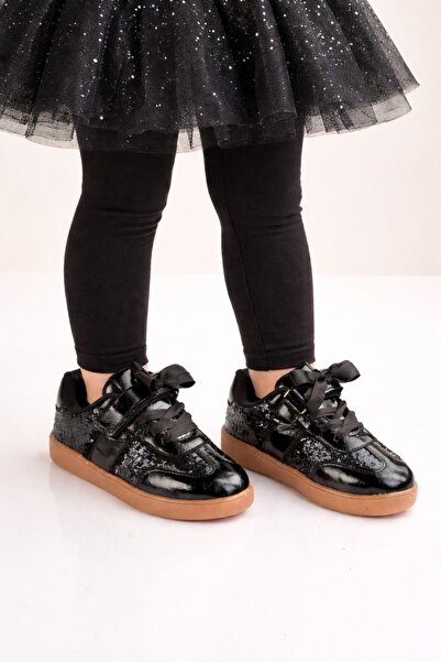 minibonito Детски маратонки за момичета с пайети и панделка – кафява подметка