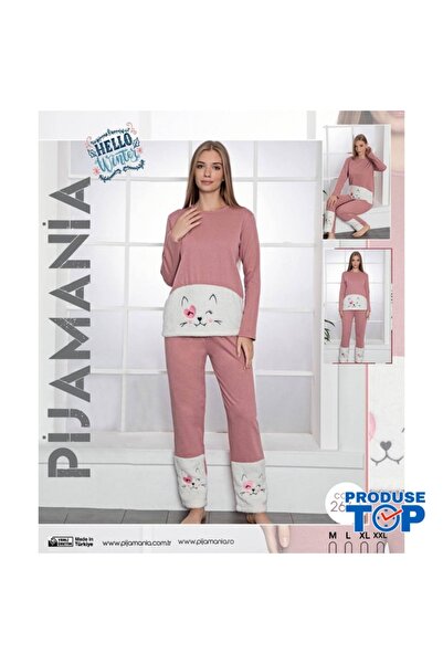 Produse.Top Women's Warm Pajamas in Dusty Pink with White and Cocolino Print