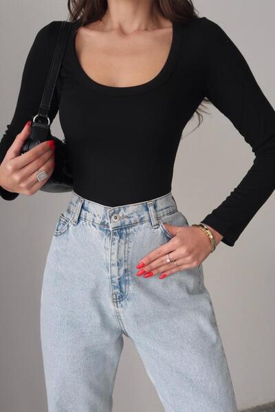 Mine Tan Butik Square Neck Sandy Fabric Basic Women's Bodysuit - Black