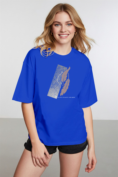 caddekombin Γυναικείο μπλουζάκι Palmiye Detailed με τύπωμα Crew Neck μπλε κοβ...