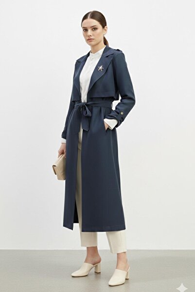 Puane Trenci de damă cu curea, lungime midi-15250 - NAVY