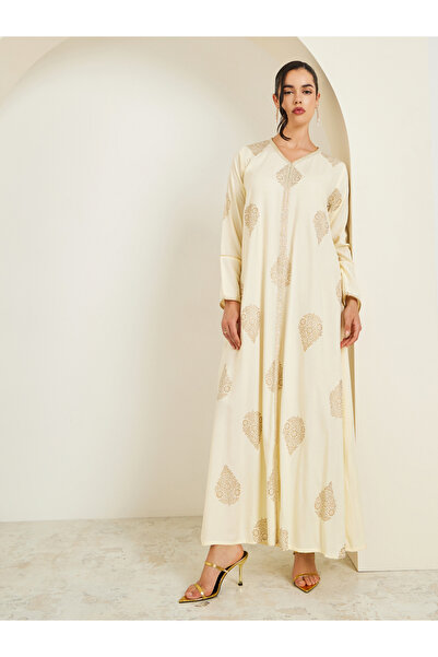 Styli Women Cream Gold Paisley Print Jalabiya