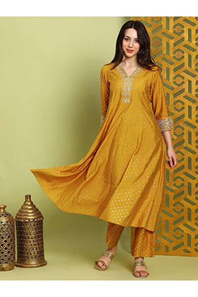 Globus By Styli Women Mustard Zari Embroidered Kurta and Wide Leg Pants Set