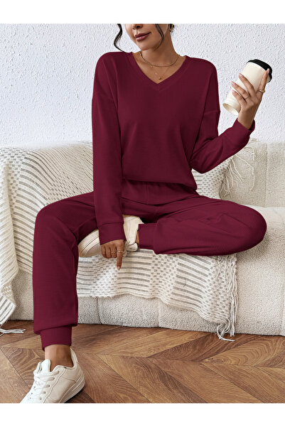 Take Two By Styli Women Maroon Textured Top with Pants Co-Ords