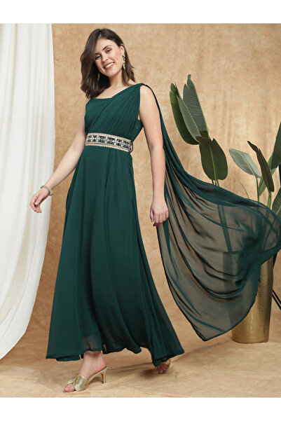 Globus By Styli Women Dark Green Strappy Embroidered Maxi Dress