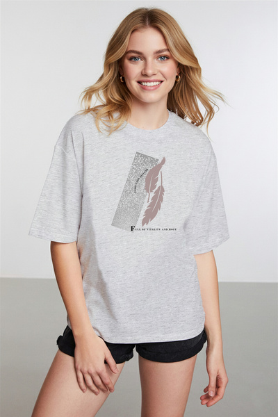 caddekombin Women's Palm Tree Detailed Printed Crew Neck Gray T-Shirt