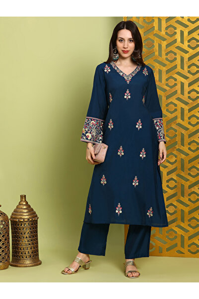 Globus By Styli Women Navy Blue Floral Sequin Embroidered Kurta with Pants Set