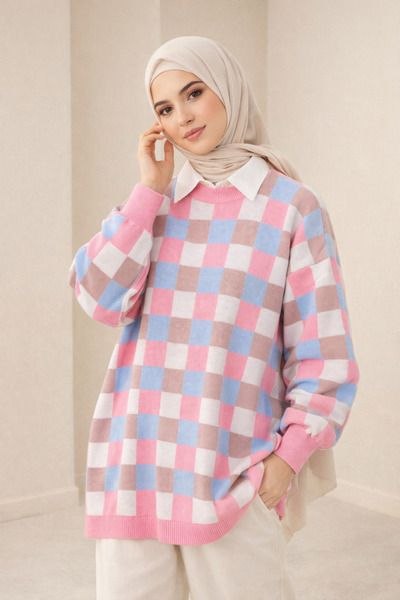 Kirazgym Women's Colorful Checkered Knitwear Sweater Tunic