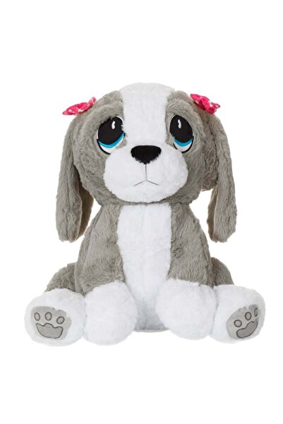 OEM Plush Dog Sitting Gray White Pink Bow with Polka Dots 50cm