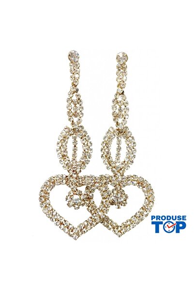 Produse.Top Elegant Long Golden Earrings with Heart and Rhinestones CW38