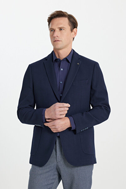 ALTINYILDIZ CLASSICS Men's Navy Blue Slim Fit Slim Fit Mono Collar Seersucker...